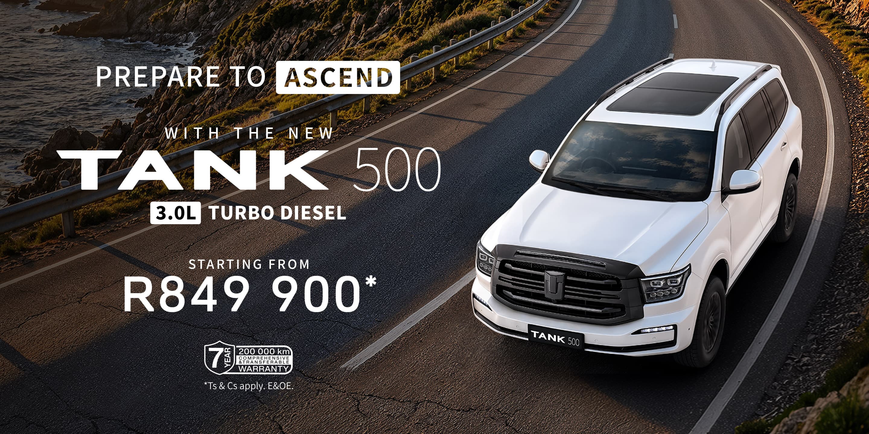 New GWM Tank 500 3.0L Turbo Diesel driving on a coastal road